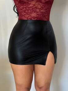 Dayanna Comas 女士休闲优雅低腰开衩PU紧身迷你裙 - 黑色 - 查看 3