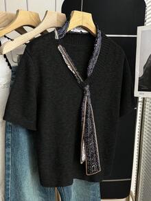 Franclia Summer Black Elegant Smart Office Knit Blouse,Vintage V-Neck Short Sleeve Loose Casual Top,Layered Design Asymmetric Tie-Up Chic Korean Style Business - Black - View 8