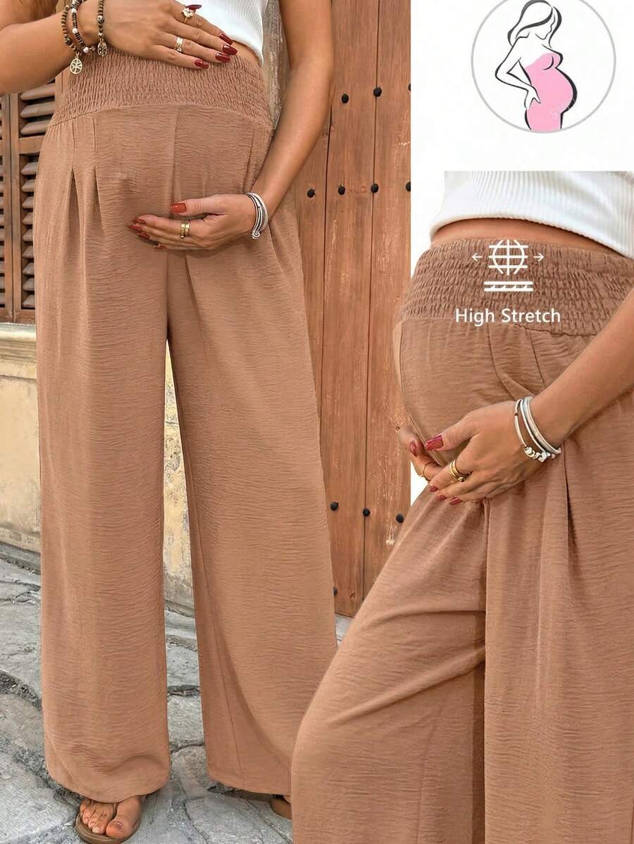 SHEIN 孕婦純色鬆緊腰寬腿寬鬆長褲 秋季 - 卡其色 - 查看 1