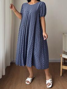 Dazy Plus Plus Size Elegant Leaf & Floral Pattern Loose A-Line Long Nightgown, Comfortable Sleepwear Summer - Royal Blue - View 8