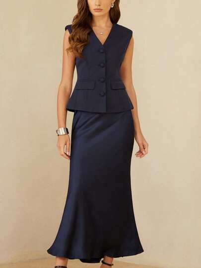 Elegant Classy Women's Luxury Minimalist V-Neck Sleeveless Buttoned Vest Paired With Satin Mermaid Maxi Skirt Suit