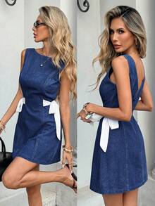 Serisse Đầm denim nữ không tay dáng suông, thắt eo, thích hợp cho mùa hè, xuân hè, lễ hội, đi làm, nghỉ mát, tốt nghiệp, phong cách Y2K, dễ thương, thời trang đường phố, dự tiệc, đám cưới, thanh lịch, công sở, thường ngày. Đầm denim mini dáng chữ A không tay với chi tiết buộc dây bên hông sành điệu, hoàn hảo cho trang phục thường ngày mùa hè. - Rửa tối - Xem 6