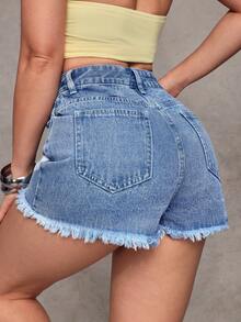Jeanoix Fashionable Casual Distressed Frayed Hem Denim Shorts - Medium Wash - View 2