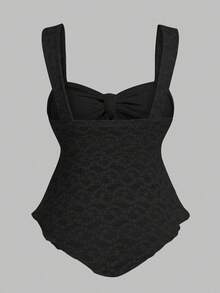 Sweetra Camiseta corta de mujer talla grande de unicolor con lazo y encaje - Negro - Ver 2