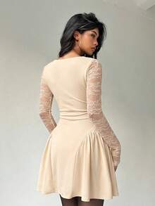 Aloruh Women's Square Neck Lace Patchwork Waist Ruched Flared Mini Dress - Apricot - View 2