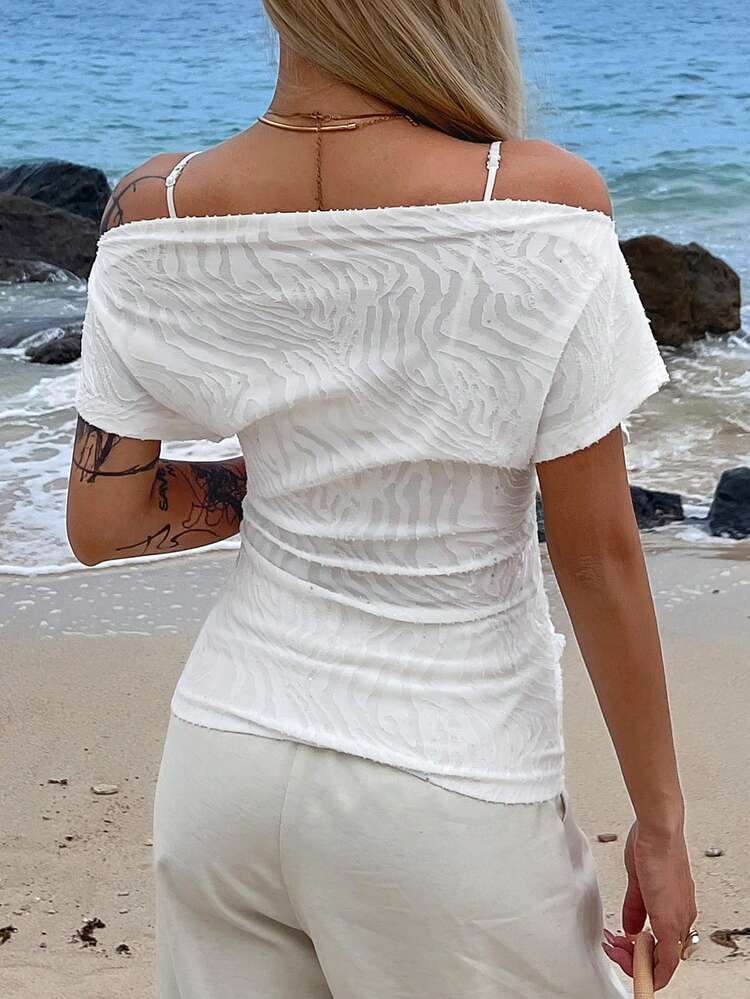 Women's Elegant Sequin Off Shoulder Textured T-Shirt, Summer