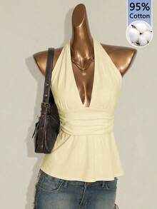 SHEIN ICON 95%纯棉深V领露背系带A字吊带背心，黄色 - 淡黃色 - 查看 8