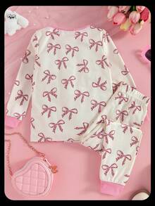 Genkimix Kids 2pcs/Set Young Girls Pink Minimalist Cat & Bow Print Long Sleeve Pajamas - Baby Pink - View 2