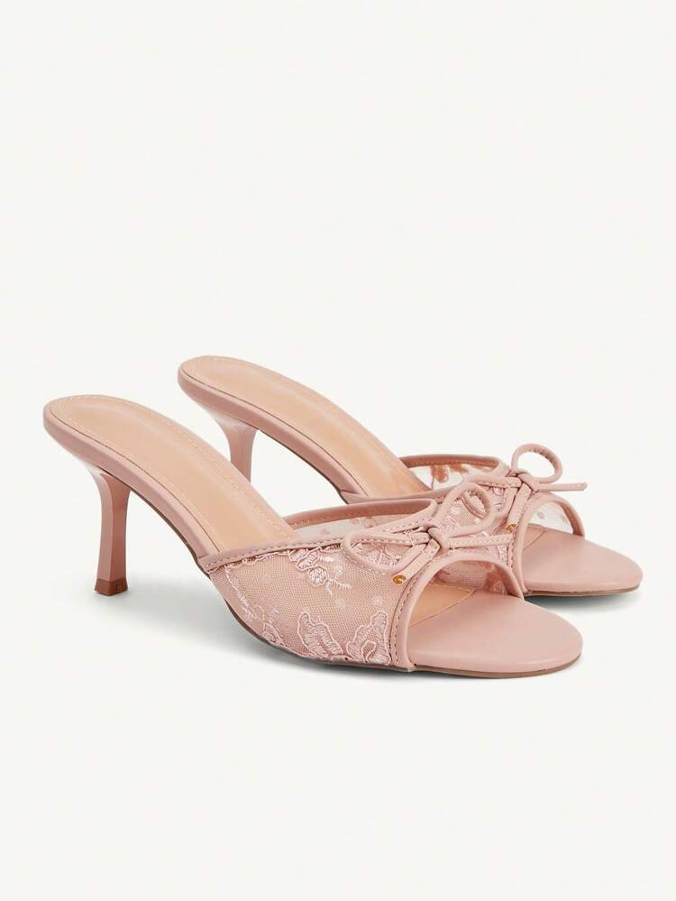 CUCCOO CHICEST Women's Shoes Fashion Pink Lace Bow Decoration Round Toe Medium High Heel Color Matching Painted Slim Square Heel Mule Shoes, Suitable For Commuting, Dating, Parties, Holidays, Weddings, Valentine's Day And Christmas Wear One Piece Slip-On Lightweight Women's High Heel Sandals Wedding Shoes Summer Shoes Bride Shoes