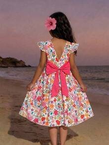 Sparklyn Girls' Elegant Floral V-Neck Backless Butterfly Sleeve Dress - Multicolor - View 1