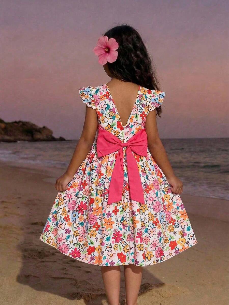 Sparklyn Girls' Elegant Floral V-Neck Backless Butterfly Sleeve Dress - Multicolor - View 1