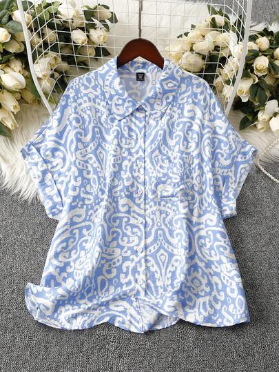 GlowEve CURVE Plus Size Women Summer Casual Printed Button-Down Short Sleeve Shirt