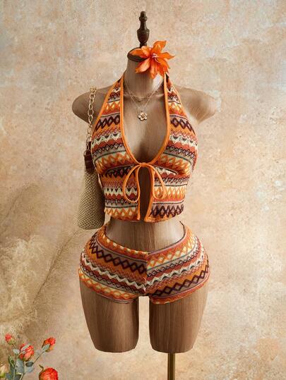 Women's Summer Vacation 2 Pieces Set, Jacquard Knit Fabric Camisole Top And Shorts, Summer Outfit