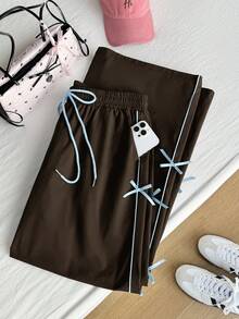 SHEIN EZwear 大码女式休闲日常通勤时尚街头抽绳腰带撞色滚边蝴蝶结装饰宽松阔腿裤 - 棕色 - 查看 4