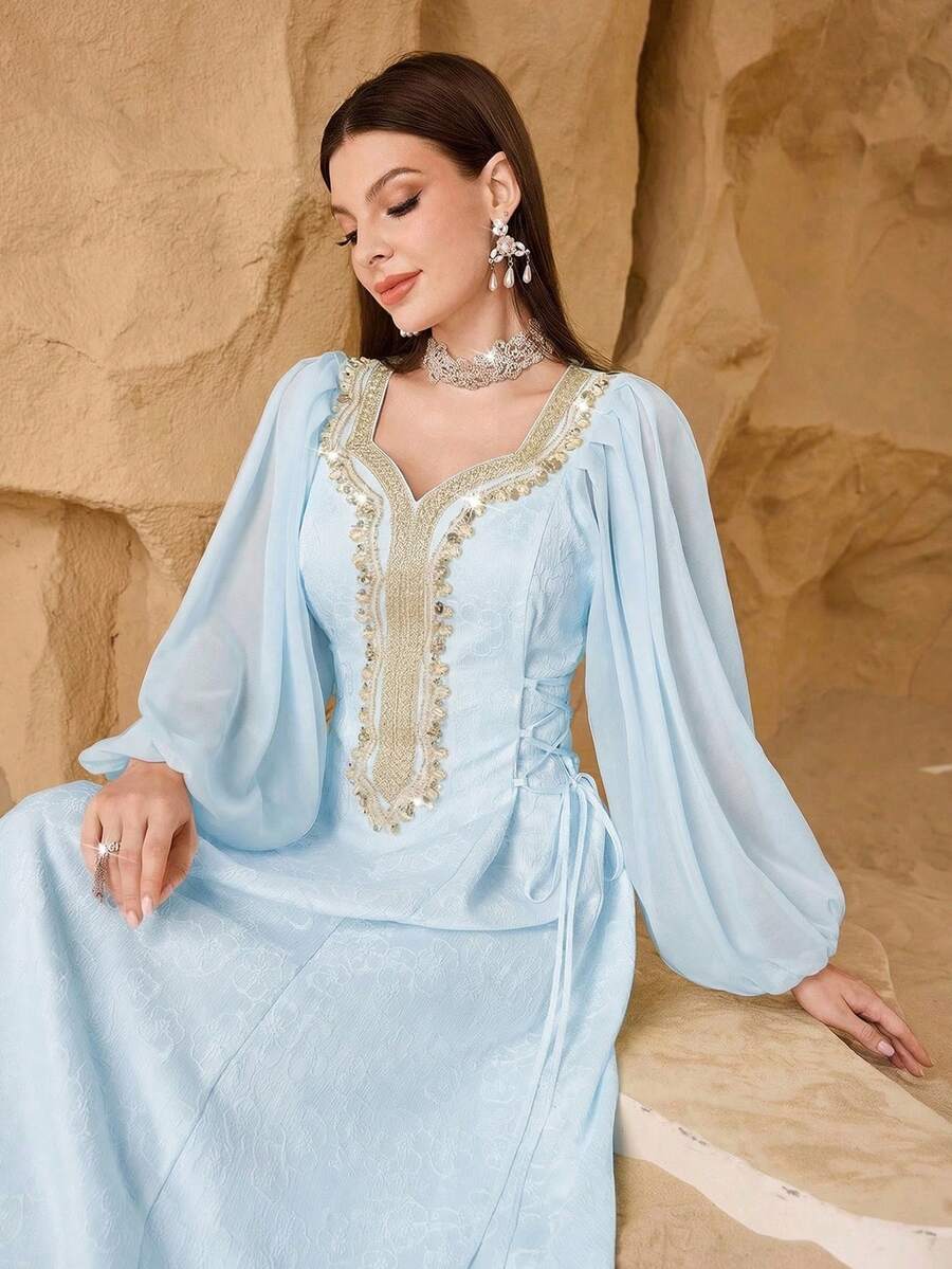 SHEIN Najma Đầm thời trang cổ điển lãng mạn tay phồng họa tiết hoa, thắt eo dành cho nữ - Màu xanh nhạt - Xem 1