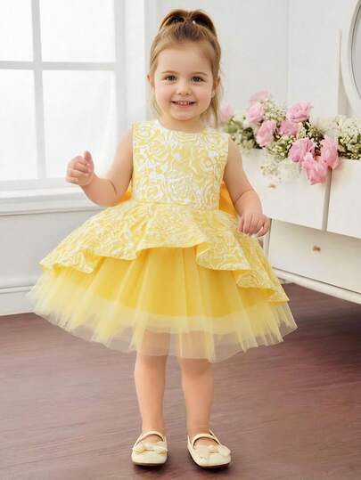 Glamorique Kids Baby Girl Pink Jacquard Fabric Dress With Trailing Skirt, Bow Decor On Back, Suitable For Birthday Party, Wedding Guest, Holiday