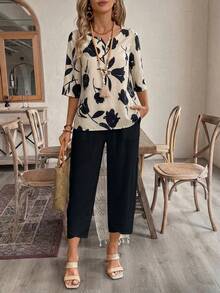 EMERY ROSE Bộ áo sơ mi và quần lửng in họa tiết hoa dành cho nữ - Màu be - Xem 5