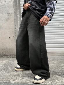 SHEIN Little Byeori 青少年男孩時尚休閒 Y2k 復古酷街頭無彈力棕色丹寧寬鬆舒適寬腿牛仔褲 Ailywear 童裝秋冬電音節慶街頭風 - 黑色 - 查看 4