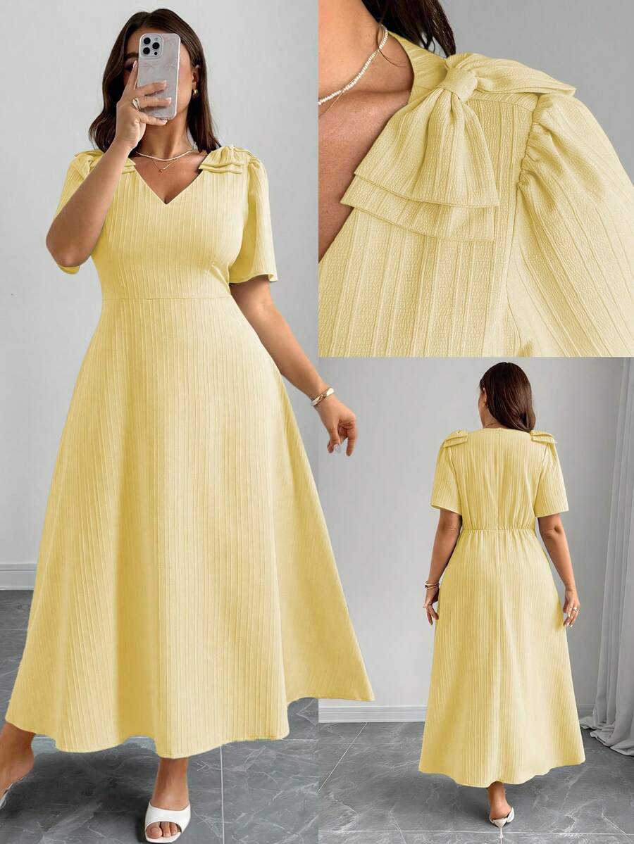 SHEIN Elenzya 大码纹理蝴蝶结V领短袖连衣裙，优质连衣裙，畅销连衣裙，女士正装连衣裙，优雅经典款 - 黃色 - 查看 1