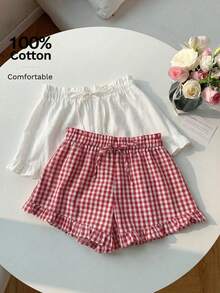 SHEIN EZwear 2 chiếc quần short nữ kẻ caro và màu trơn, thắt eo, xếp ly, kiểu dáng ngọt ngào dễ thương. - Nhiều màu - Xem 12