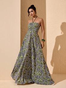 JIAN LASALA 热带印花隧道褶皱露背吊带露背女士夏季度假长裙 - 綠色 - 查看 5