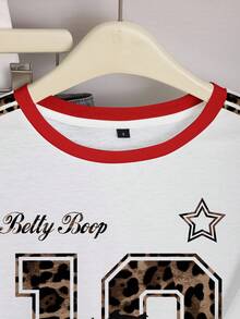 Betty Boop x SHEIN 女士圆领条纹夏季时尚印花休闲T恤 - 白色 - 查看 4