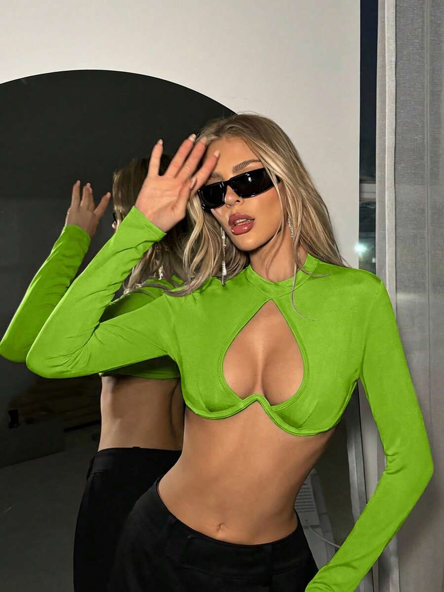 SHEIN ICON Y2K性感镂空爱心露脐街头风上衣 - 綠色 - 查看 1