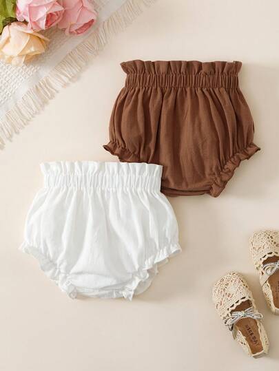 女婴休闲纯色荷叶边短裤，夏季