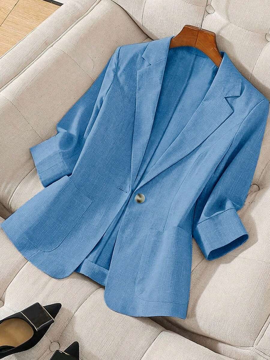 Franclia 七分袖亚麻西装外套，腰部收紧，纽扣设计，适合通勤、正式场合、优雅派对、办公穿着 - 春、夏、秋季 - 藍色 - 查看 1