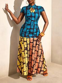 BamGleam New Popular Printed Water Droplet Small Stand Up Collar Dress - Blue - View 1