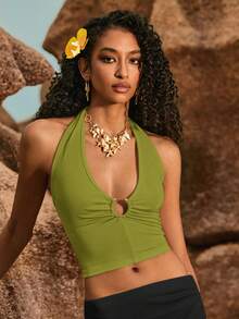 Poéselle Blusa casual versátil de mujer con cuello halter, decoración metálica y fruncido ajustado de unicolor - Verde - Ver 2
