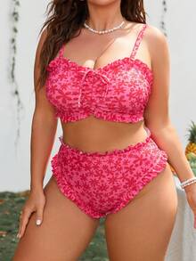 SHEIN Swim Mod Plus Size Women's Ditsy Floral 2-Piece Spaghetti Strap Ruffle Trim Drawstring Triangle Bikini Swimsuit - Multicolor - View 3