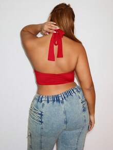 MelDlgn Plus Size Sexy Solid Color Halter Backless Camisole Top, Summer - Red - View 2