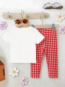 Souflis Souflis 2pcs/Set Baby Girl Outfit, Sweet & Cute Strawberry, Bow, Floral Print Short Sleeve T-Shirt And Red White Plaid Print Leggings, Suitable For Outings In Spring/Summer - Multicolor - View 2