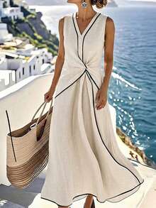 Louniche 杏色亚麻质感无袖连衣裙，黑色撞色滚边，腰部扭结设计，春夏度假连衣裙 - 杏色 - 查看 1