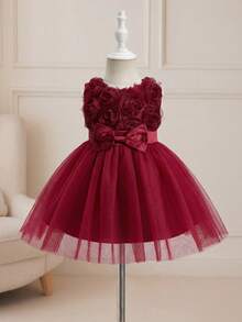 Glamorique Kids 女婴优雅可爱花朵3D蝴蝶结网纱无袖派对礼服 酒红色连衣裙 女婴连衣裙 女婴派对礼服 女婴酒红色连衣裙 女婴派对礼服 女婴正式礼服 - 酒紅色 - 查看 3