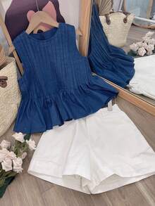 INAWLY Plus Size Women Casual Solid Color Ribbed Knit Tank Top And Denim-Look Shorts 2 Pieces Set - Royal Blue - View 4