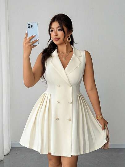 Elenzga 大码女装春夏新款无袖商务休闲连衣裙，优雅通勤工作装，褶裥反领连衣裙