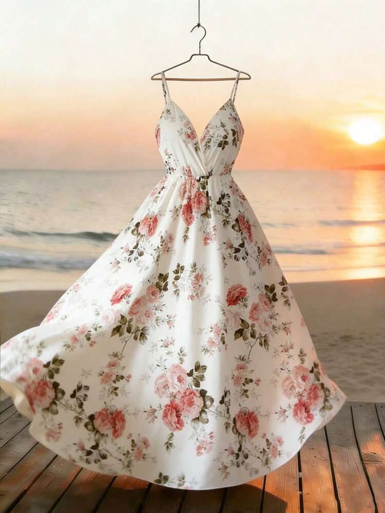 GlowEve Women's Floral Print Backless Spaghetti Strap Dress, Elegant For Vacation - Apricot - View 1