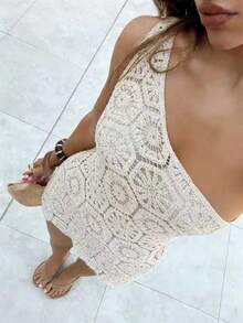 Swim Chiccia Women's Solid Color New Summer Beach Vacation Hollow Out Swimsuit Cover Up - Apricot - View 3