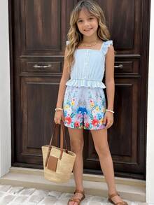 SHEIN Sparklyn 1 pieza Mono con estampado, manga corta, volantes en el bajo, diseño de botones falsos, color azul y blanco, adecuado para viajes, vacaciones o ropa de playa, primavera/verano - Azul - Ver 1