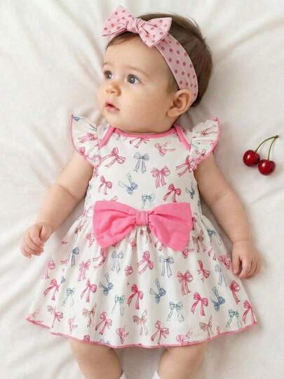 SHEIN Vestido de manga corta con cuello redondo suave de punto con decoración de lazo para bebé recién nacida