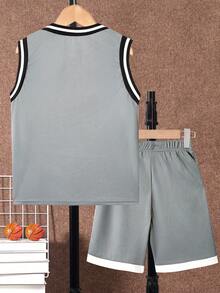 SHEIN Tween Boy Letter Printed Vest Shorts Two-Piece Set, School, Campus, College - Grey - View 2