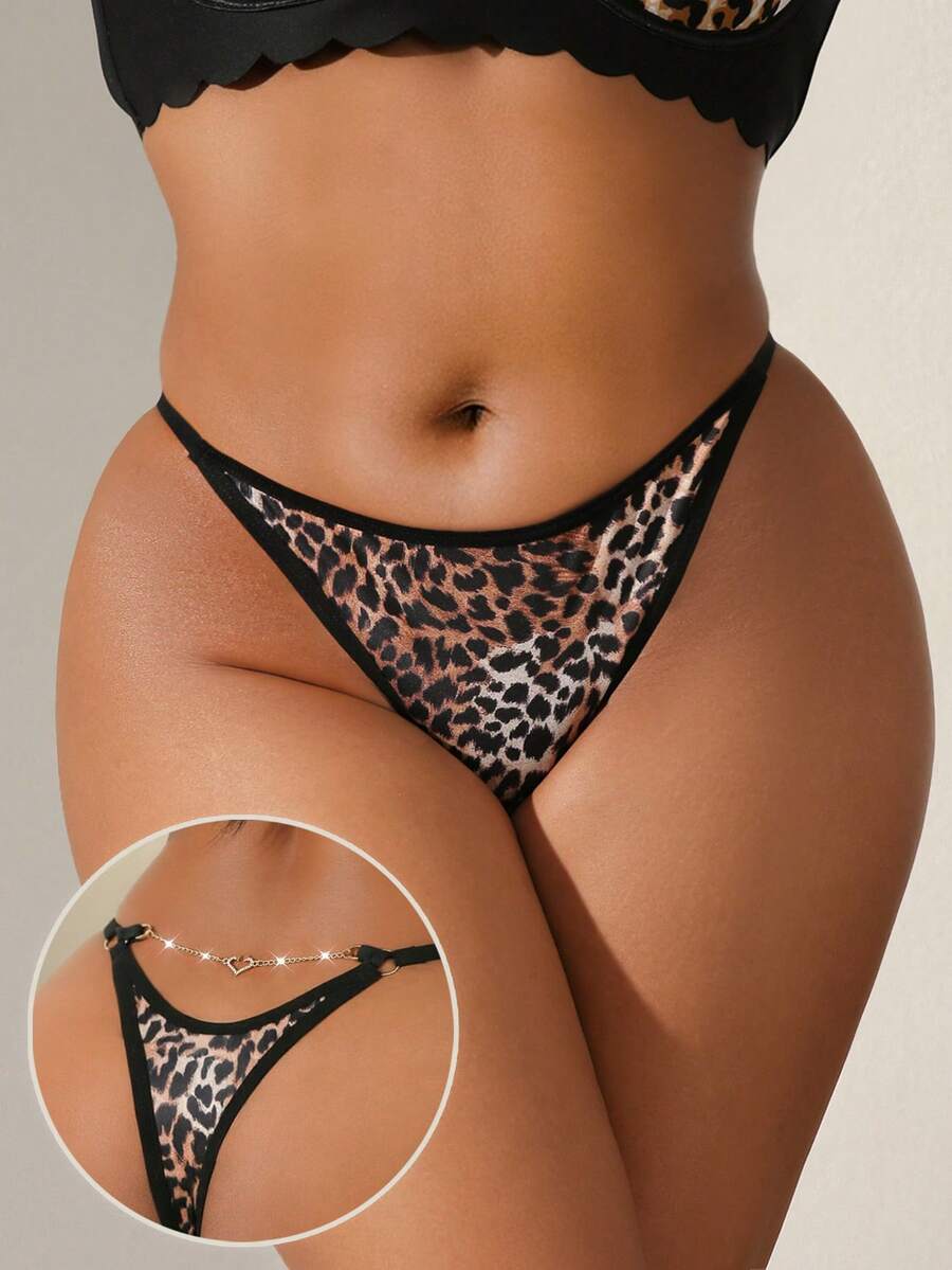 Plus Size Charming Leopard Heart Metal Strap Thong Panty - Multicolor - View 1