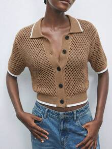 Maija Contrast Color Trim Hollow Out Short Sleeve Knit Cardigan - Brown - View 4