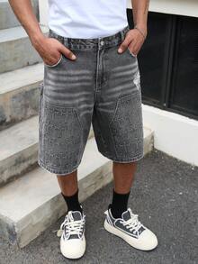 Devon Thys Quần short denim màu xám thêu họa tiết phong cách đường phố thường ngày dành cho nam giới. - Màu xám đen - Xem 6