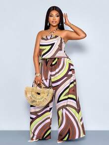 SOLERSUN Conjunto de dos piezas de top halter y pantalones de pierna ancha con estampado todo sobre todo, perfecto para vacaciones en la playa, eventos de primavera/verano, talla grande para mujeres - Marrón - Ver 6