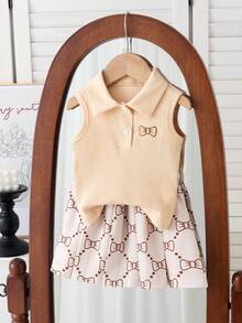 SHEIN 2pcs/Set Baby Girl Spring&Summer Casual Style Bowknot-Shape Embroidery Sleeveless Top&Short Pleated Skirt - Khaki - View 1