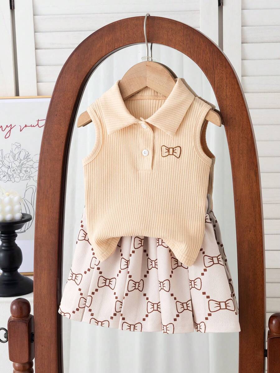 SHEIN 2pcs/Set Baby Girl Spring&Summer Casual Style Bowknot-Shape Embroidery Sleeveless Top&Short Pleated Skirt - Khaki - View 1