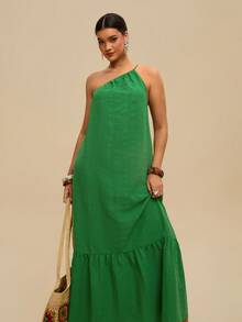 Travachic Plus Size Women Solid Color Sleeveless Ruffle Hem Dress For Vacation Beach Vacation Light Green Summer - Green - View 5